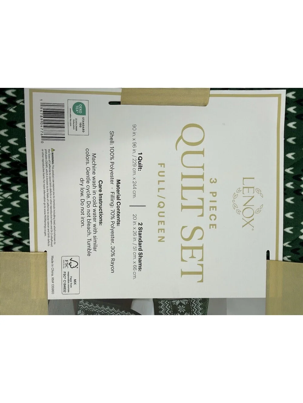 Lenox Holiday 3 Piece Quilt Set FULL/QUEEN - Green Pattern